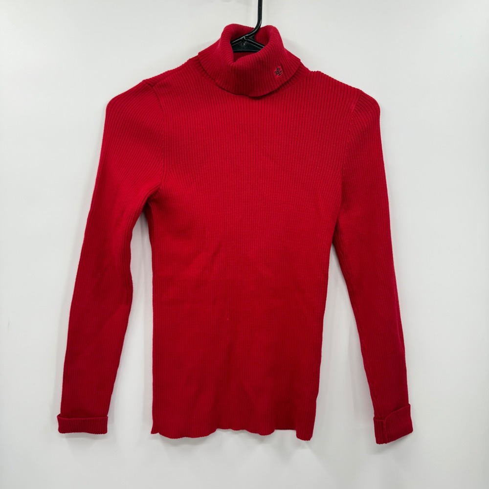 Lauren Ralph Lauren Petite Red Ribbed Turtleneck Sweater RL Logo Size PS
